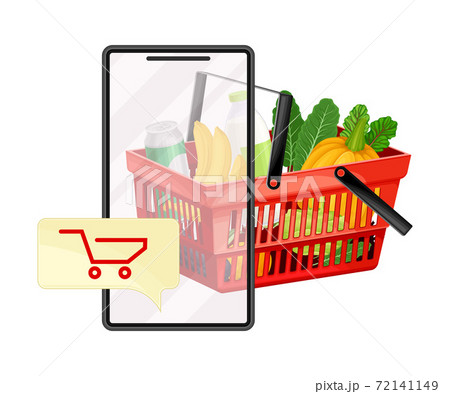Shopping Basket with Food and Smartphone Screen as Online Shop Delivery Vector Illustration Shopping Basket with Food and Smartphone Screen as Online Shop Delivery Vector Illustration 72141149