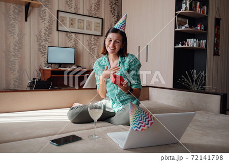 Girl celebrating birthday online in quarantine time. Girl celebrating birthday online in quarantine time. 72141798