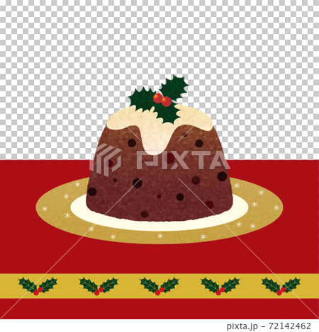 聖誕布丁_金邊盤子_ hi木絲帶紅色桌布_背景白色_手繪_彩色鉛筆觸摸插圖 72142462