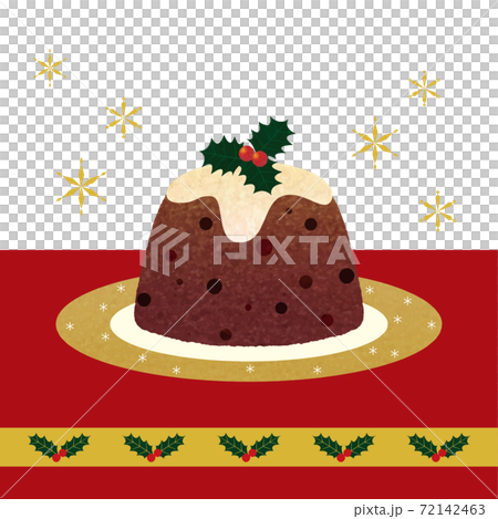 聖誕布丁_金邊盤子_ hi木絲帶紅色桌布_背景雪_手繪_彩色鉛筆觸摸插圖 72142463