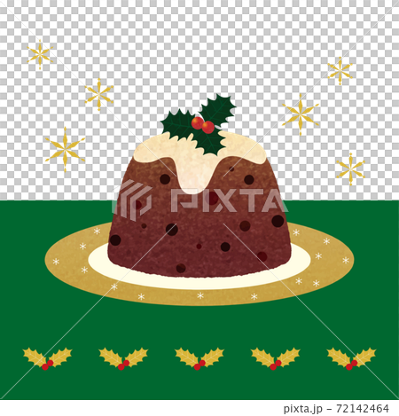 聖誕布丁_金邊板_綠桌布_ hiiragi模式_背景雪_手繪_彩色鉛筆觸摸插圖 72142464