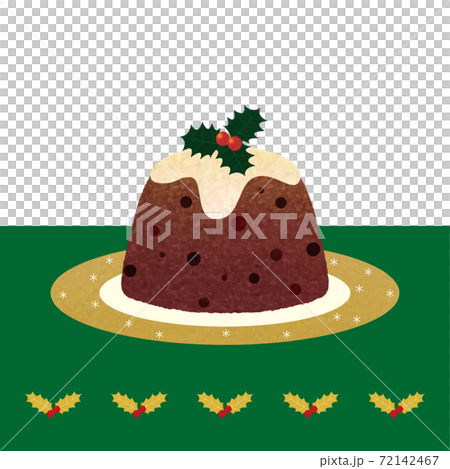 クリスマスプディング_金縁の皿_緑のテーブルクロス_柊柄_背景白_手描き_色鉛筆タッチイラスト 72142467