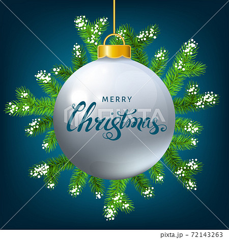 White Christmas ball  with spruce branch,  snow and lettering. 72143263