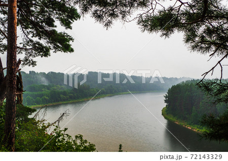 Amazing Foggy River and Forest Landscape 72143329