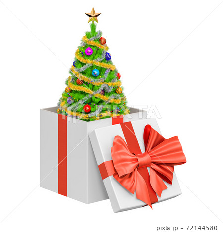 Gift Box with Christmas Tree inside. New Year and Xmas concept. 3D rendering 72144580