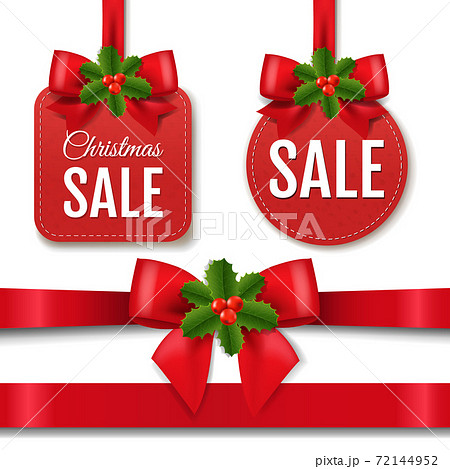 Christmas Red Sale Label With Red Silk Ribbon Christmas Red Sale Label With Red Silk Ribbon 72144952