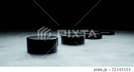 round dark podiums on white concrete surface with reflections 3d render illustration modern design 72145153