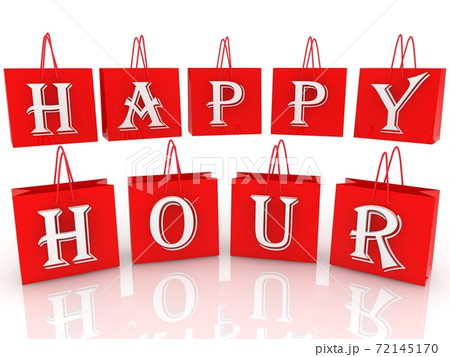 Red color shopping bags with inscription happy hour 72145170