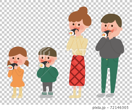 恵方巻を食べる4人家族 父 母 男の子 女の子のイラスト素材