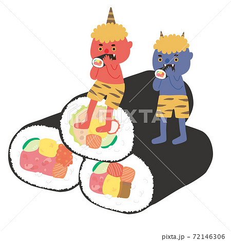 大きな恵方巻の上に乗って恵方巻を食べる赤鬼青鬼 72146306