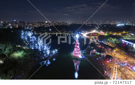 Sao Paulo city and christmas tree in Ibirapuera Park. 72147317