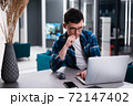 Portrait of a thoughtful young businessman working remotely from home using laptop 72147402
