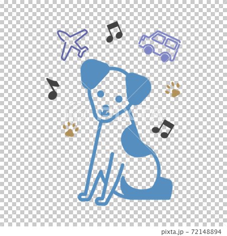 飛行機や自動車に囲まれている旅行する犬のイメージのイラスト素材