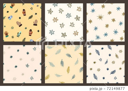 Set of cute seamless patterns with stars, pine branches and mittens in doodle scandi style. 72149877