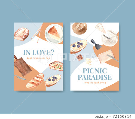 Invitation card template with European picnic concept design for party and meeting watercolor vector illustration. Invitation card template with European picnic concept design for party and meeting watercolor vector illustration. 72150314