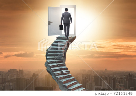 Concept of career ladder and door with businessman Concept of career ladder and door with businessman 72151249