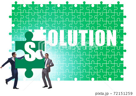 Solution concept with businessman solving jigsaw puzzle Solution concept with businessman solving jigsaw puzzle 72151259