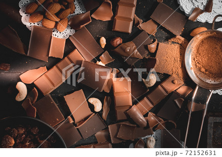 Chocolate top view ingredients for baking with chocolate, nuts, cocoa powder and raisin rustic making dessert background Chocolate top view ingredients for baking with chocolate, nuts, cocoa powder and raisin rustic making dessert background 72152631
