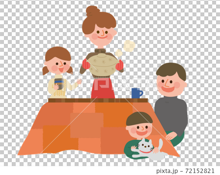 Family preparing to eat a hot pot with a kotatsu (mother, dad, girl, boy, cat) 72152821