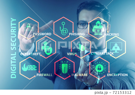 Digital security concept with businessman pressing button Digital security concept with businessman pressing button 72153312