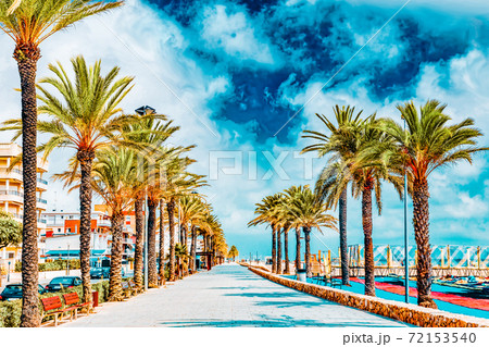 Seafront, beach,coast in Spain. Suburb of Barcelona, Catalonia 72153540