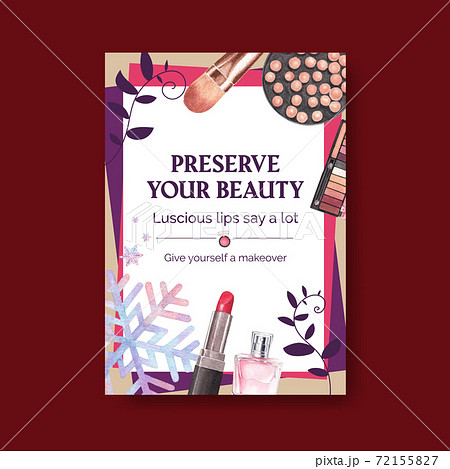 Poster template with makeup concept design for brochure and leaflet watercolor vector illustration. Poster template with makeup concept design for brochure and leaflet watercolor vector illustration. 72155827