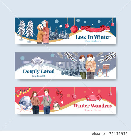 Banner template with winter love concept design for advertise and marketing watercolor vector illustration 72155952
