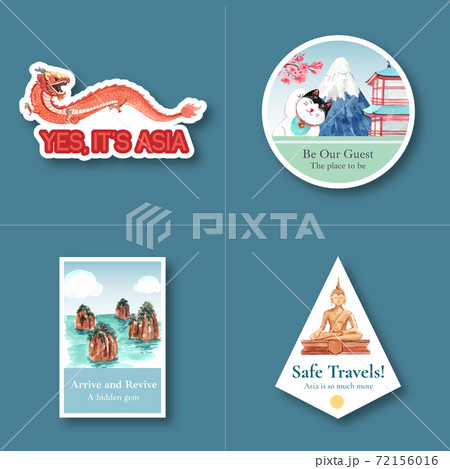 Sticker design with Asia travel concept for character cartoon isolated watercolor vector illustration 72156016