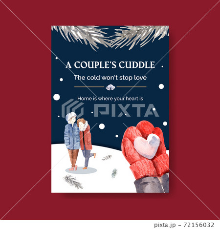 Poster template with winter love concept design for ads and marketing watercolor vector illustration 72156032