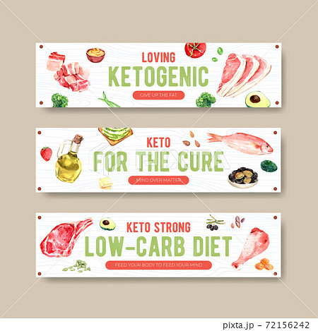 Banner template with ketogenic diet concept for advertise and marketing watercolor vector illustration. 72156242