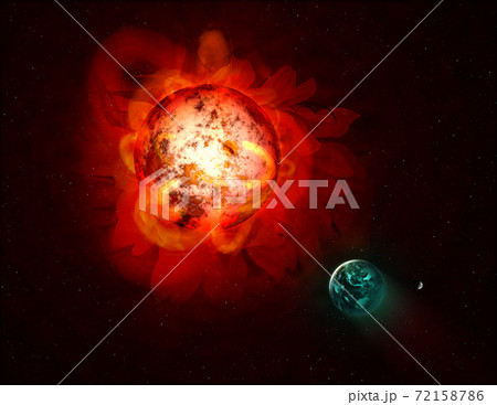 The sun is in the form of a giant red flower with petals as solar prominence and planet earth. 72158786