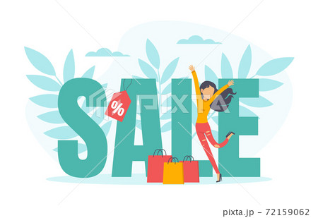 Woman Jumping with Joy Because of Deep Discount and Sale Vector Illustration 72159062