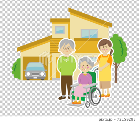 マイホームと車椅子の高齢者と介護士のイラストイメージ 72159295