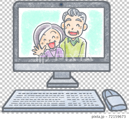 パソコン画面の中で微笑むおじいちゃんおばあちゃん 72159673
