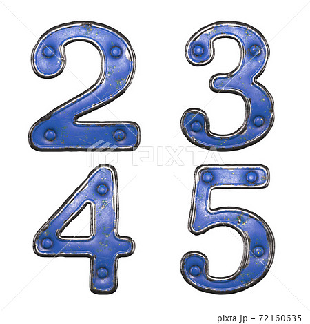 Set of numbers 2, 3, 4, 5 made of painted metal with blue rivets on white background. 3d Set of numbers 2, 3, 4, 5 made of painted metal with blue rivets on white background. 3d 72160635