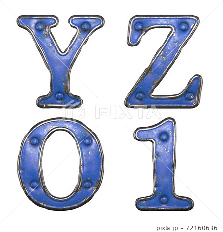 Set of uppercase letters Y, Z and number 0, 1 made of painted metal with blue rivets on white background. 3d Set of uppercase letters Y, Z and number 0, 1 made of painted metal with blue rivets on white background. 3d 72160636