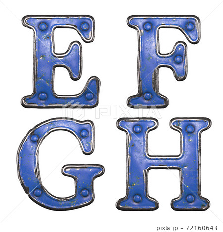 Set of uppercase letters E, F, G, H made of painted metal with blue rivets on white background. 3d Set of uppercase letters E, F, G, H made of painted metal with blue rivets on white background. 3d 72160643