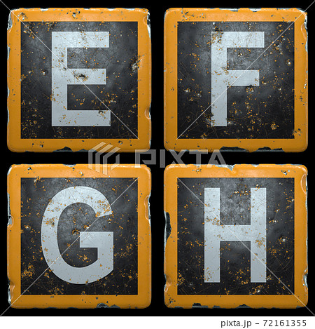 Public road sign orange and black color with a capital set of letters E, F, G, H in the center isolated on black background. 3d Public road sign orange and black color with a capital set of letters E, F, G, H in the center isolated on black background. 3d 72161355