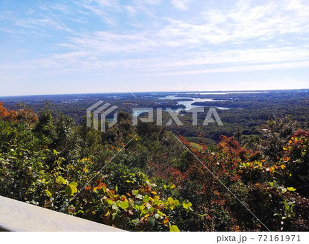 雑木林の向こう、リアス式海岸の入り江に浮かぶ養殖いかだ。陸地にはリゾートホテルや別荘 72161971