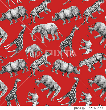 Beautiful stock seamless pattern with cute hand drawn safari giraffe elephant tiger monkey rhinoanimal pencil illustrations. 72163444