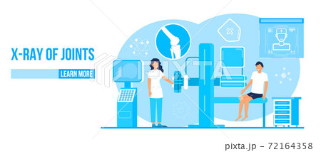 X-ray of joint concept vector. Scanning of patient in clinic. Ultrasound and tomography machine are shown. Arthritis knee joint, osteoporosis problems 72164358