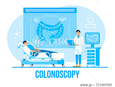 Colonoscopy concept vector for medical web. app. blog. Intestine doctors examine, treat dysbiosis. Tiny therapist of proctology make colonoscopy. Proctologist. 72164365