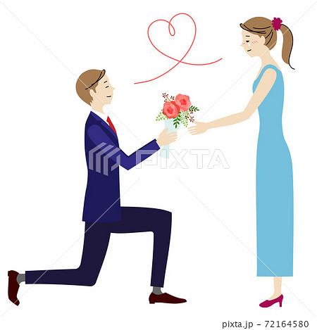 花束をもってプロポーズする男性とそれを受け入れる女性のイラストのイラスト素材