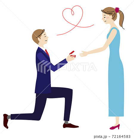 指輪をもってプロポーズする男性とそれを受け入れる女性のイラストのイラスト素材
