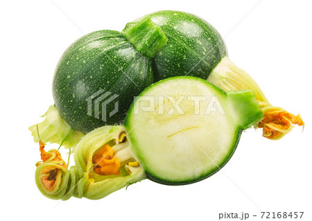 Baby Tondo zucchini with flower, one  fruit halved, isolated 72168457