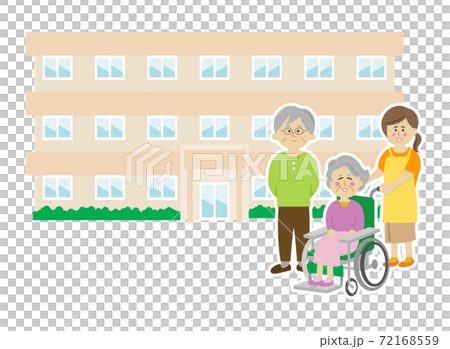 老人ホームと車椅子の高齢者と介護士のイラストイメージ 72168559