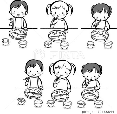 給食を食べる子どもたちセットのイラスト素材