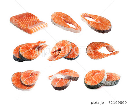 Slice of Raw Pink Salmon Steak on Black Background Top View. Thick Piece of  Fresh Red Fish, Chum or Trout Stock Photo