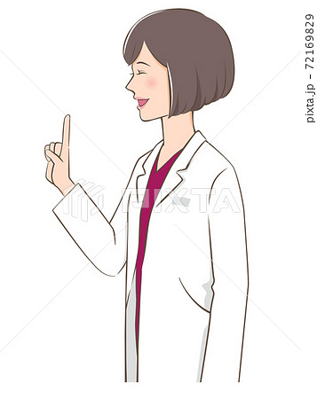 横向きで指をさして説明する女性医師の上半身のイラスト素材