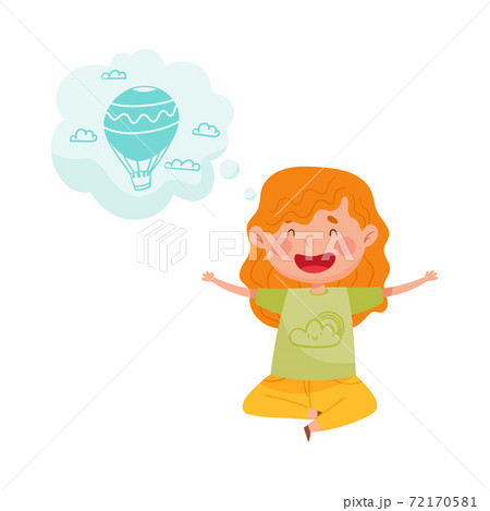 Pretty Red Cheeked Girl Sitting on the Floor and Dreaming about Air Balloon Vector Illustration 72170581
